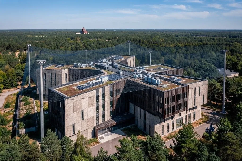 Фотография промышленного здания с сетчатой системой над площадкой